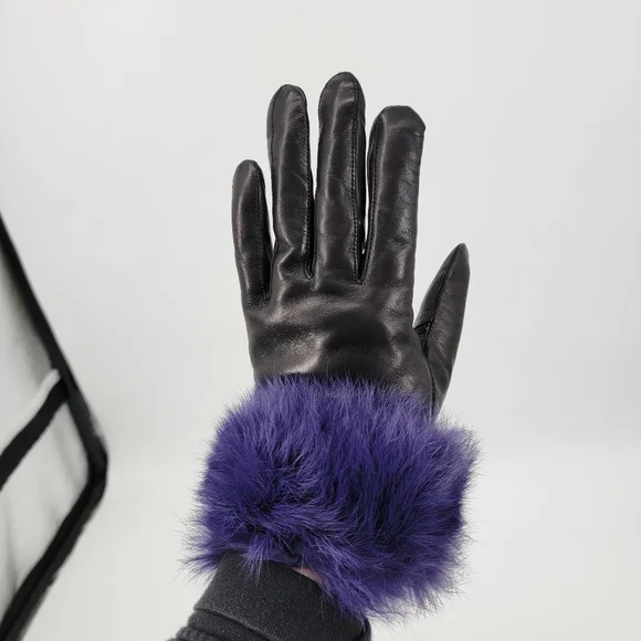 Wilsons Black Leather Purple Fur Cuff Gloves Women's Size Medium Winter Classic - Picture 4 of 9
